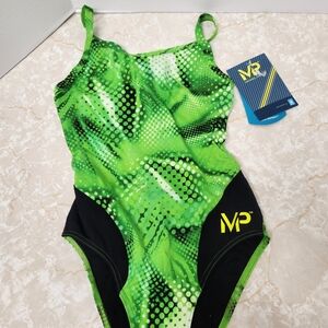 Michael Phelps One Piece Swimsuit Bathing Suit Sz 32 Green Black UPF 50+